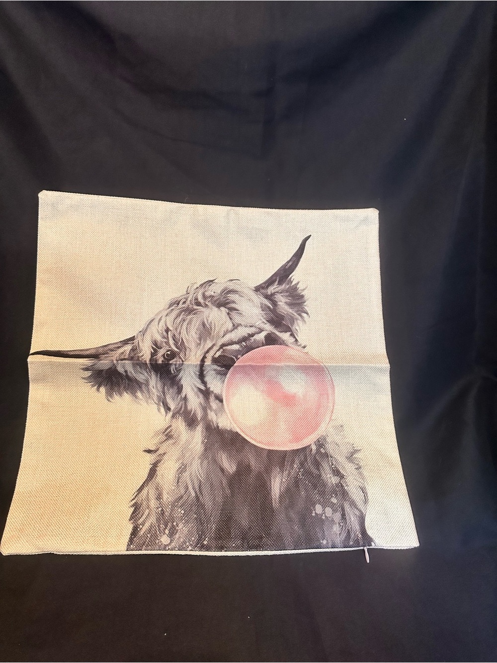 F-23 Playful Highland Cow Accent Pillow Cover in Cream with Pink Bubble
